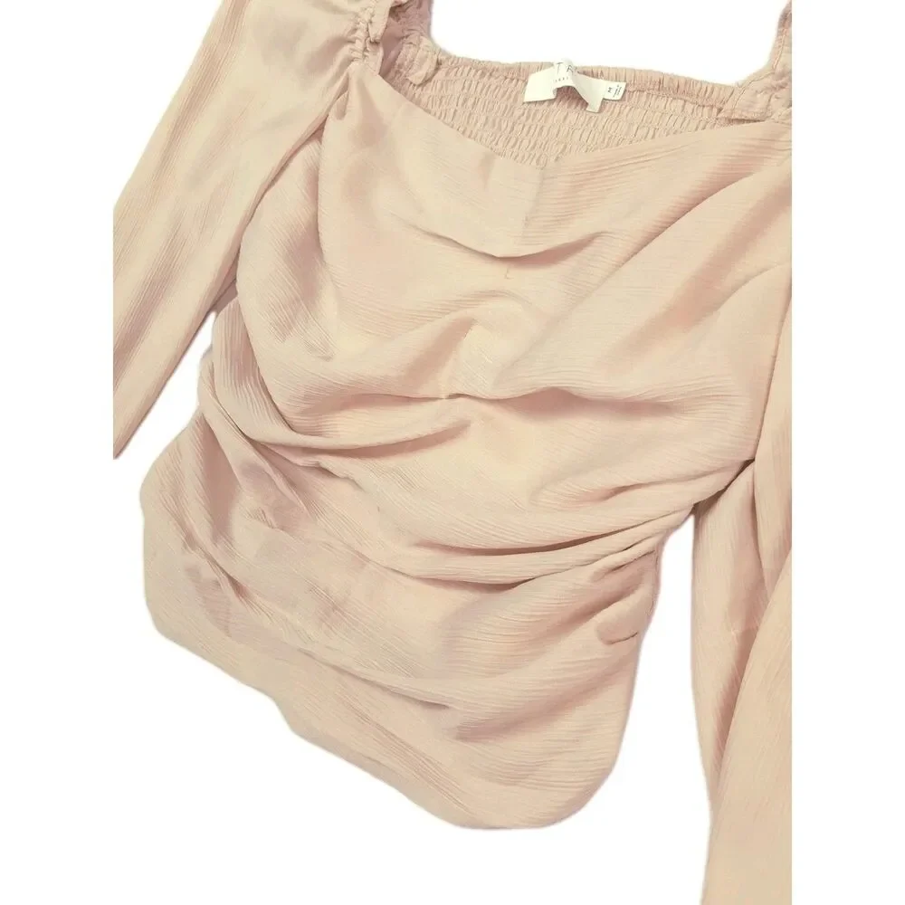 ASTR Puff Sleeve Blouse M Pink Smocked Ruched Ruffle Square Neck Pastel Coquette